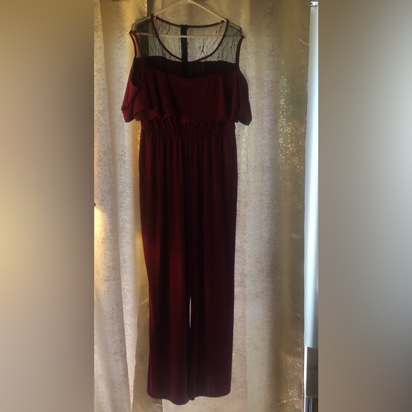 Jumpsuit, burgundy with black lace, open shoulder. Silky feel; generous stretch. - Picture 2 of 6